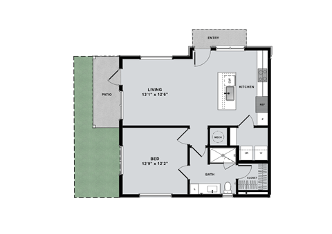 Floor plan for 1 bed, 1 bath, 767 sqft